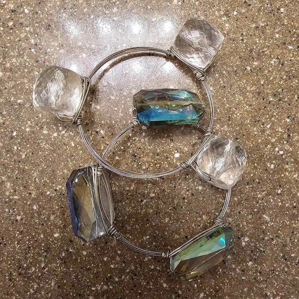 2-Piece Wire-Wrapped Crystal Bracelet Set – Clear Quartz & Blue Topaz Beads